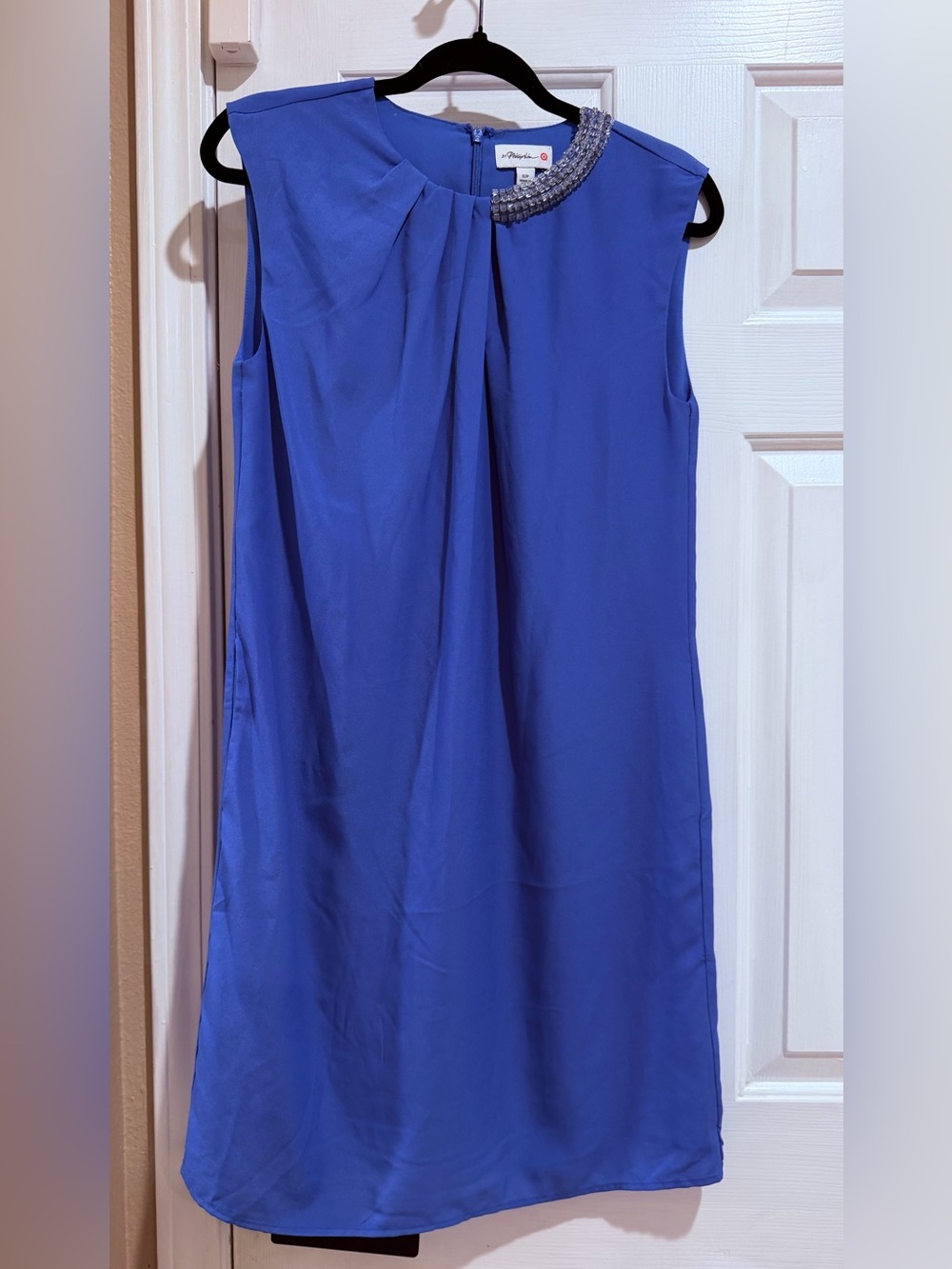 Pleione Cobalt Blue Sleeveless Shift Dress with Beaded Collar